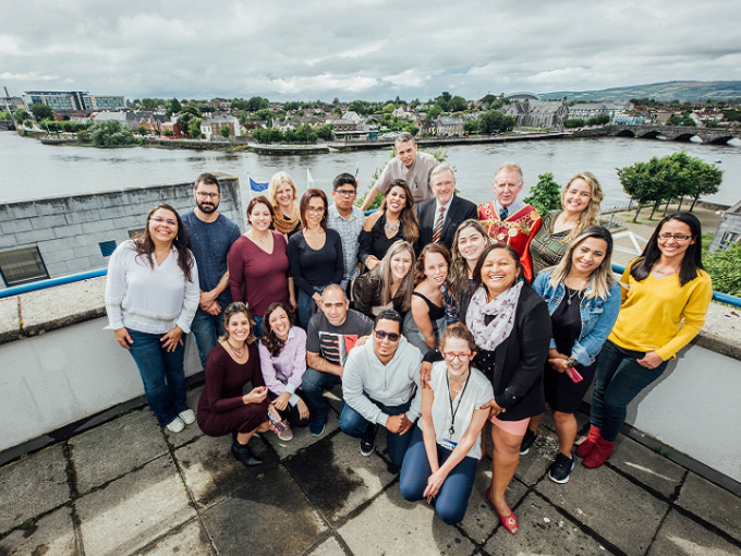 International students with Mayor of Limerick City and Prof. Eugene Wall, President of MIC