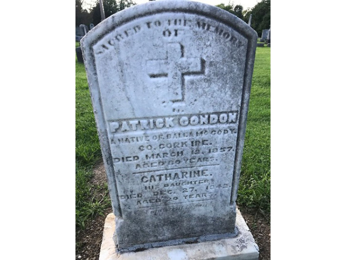 Partially cleaned headstone in early summer 2021 (photo courtesey of Mike Hoke, Irish Cultural Center of the Mohawk Valley)