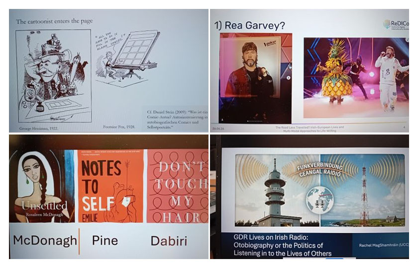 Collage of photos of four presentations on computer screens 
